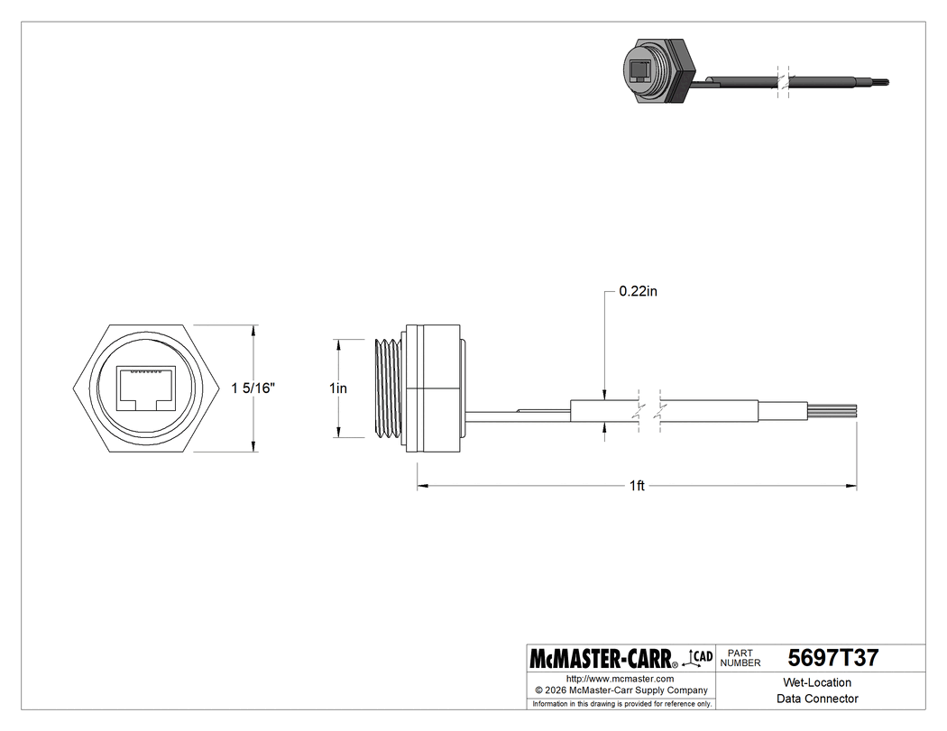 Technical Drawing of Wet-Location Data Cord, Screw-Together RJ45 Socket with Wire Leads.